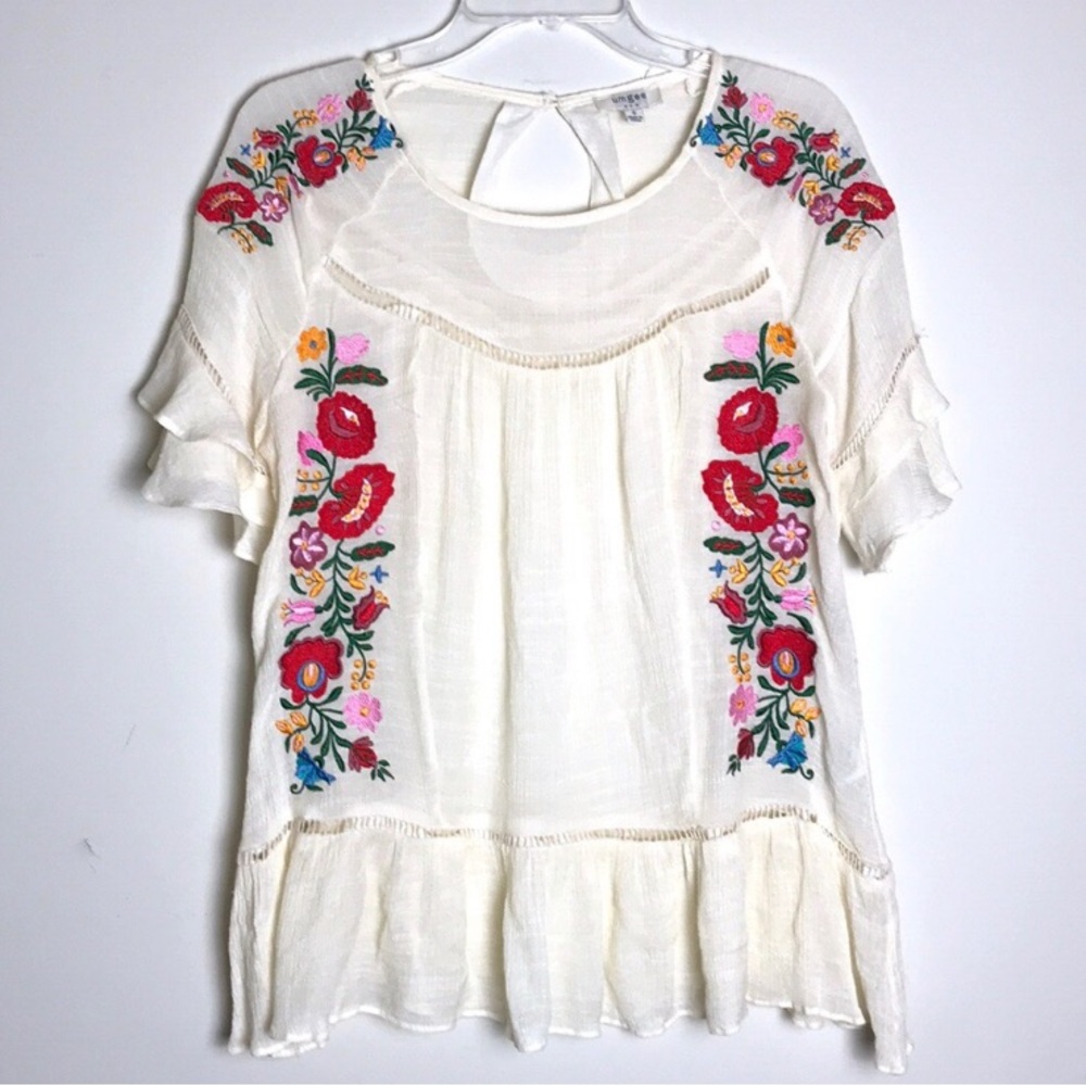 Umgee Floral Embroidered Ruffled Bell Sleeve Top